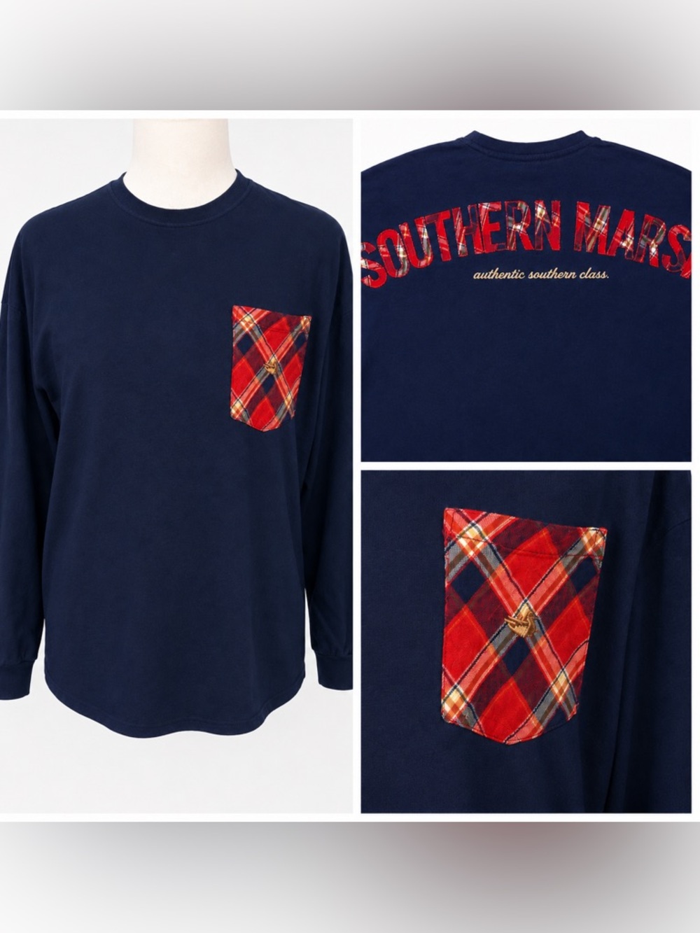 Southern Marsh Preppy Long Sleeve Pocket Tee – Navy Plaid Accent
